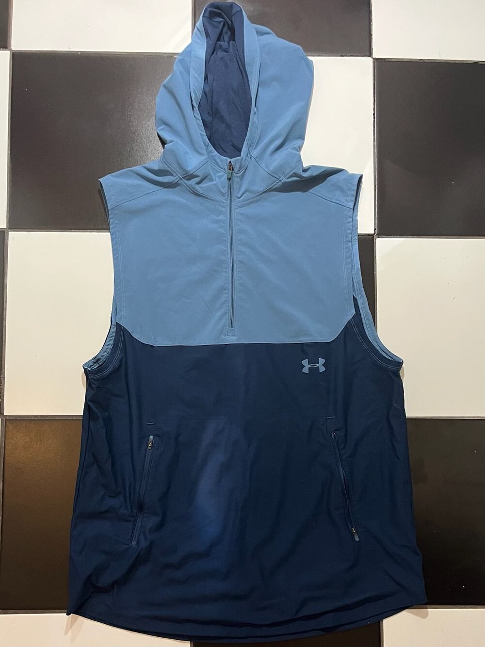 Blue color block Under Armour Sleeveless Windbreaker Hoodie with quarter-zip
